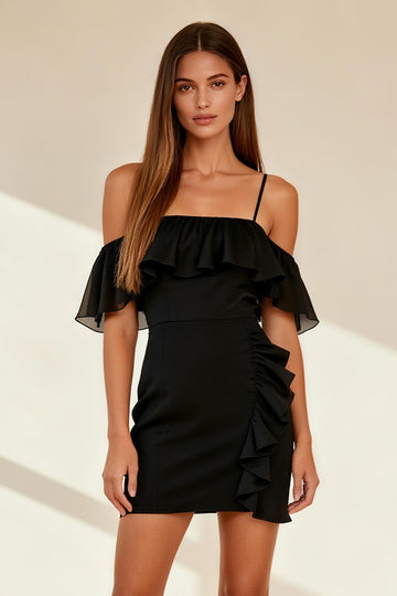 Chiffon Tight Cold Shoulder Little Black Dress with Ruffles